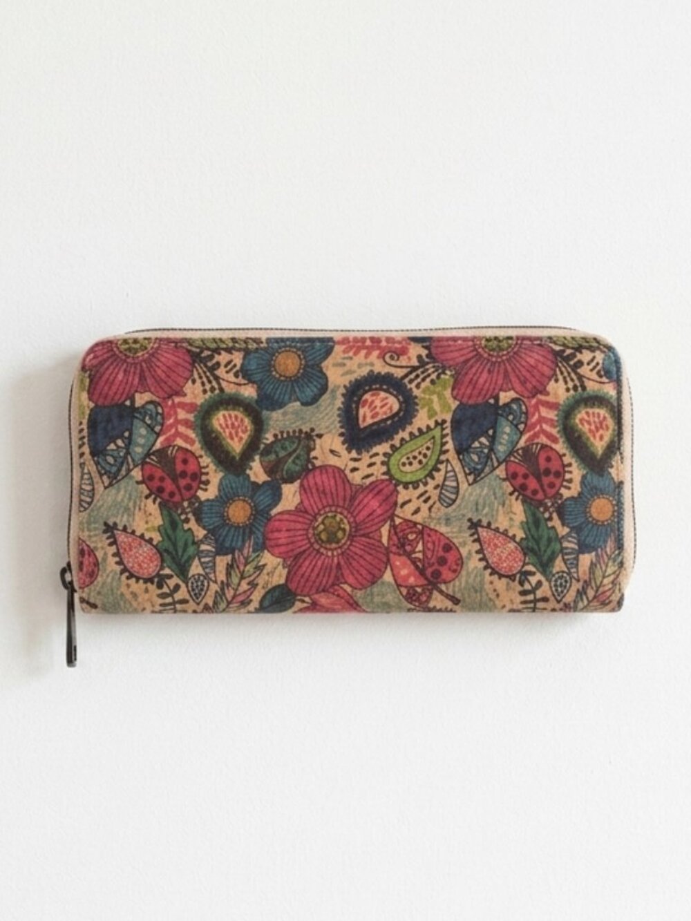 100% Cork Zip-Around Wallet Floral Design Handmade in Portugal